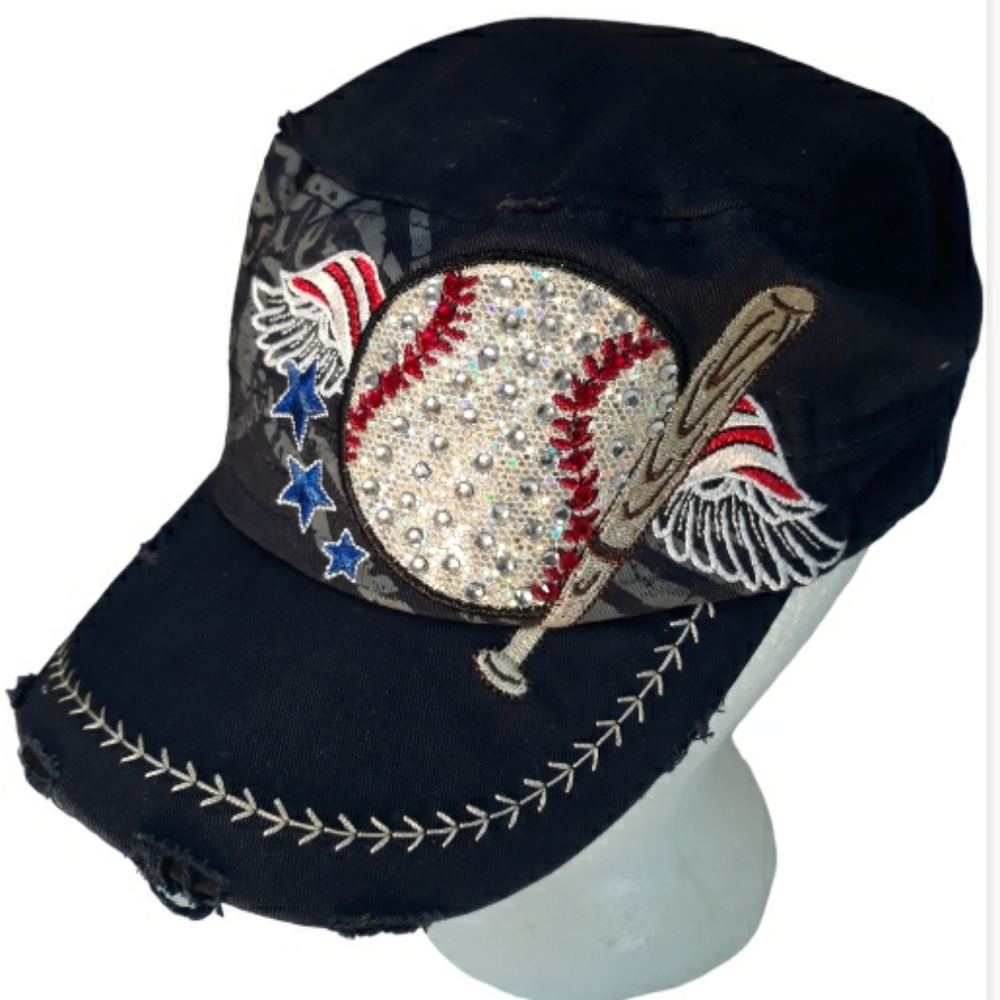 Leader L.O.G.A 100% Cotton Tattered-Look Navy Blue Womens Bedazzled Base…